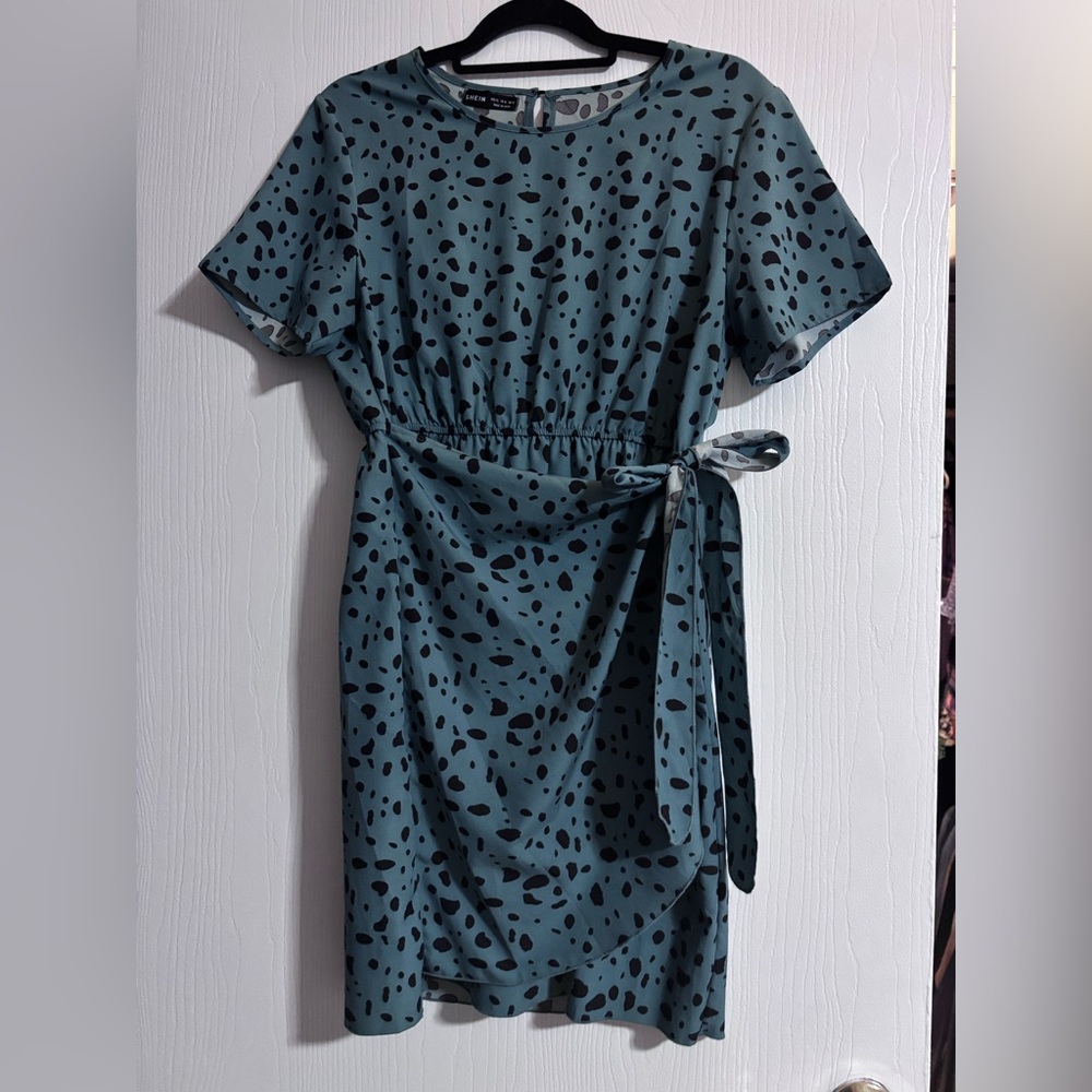 SHEIN Teal Spot Tie-Waist Midi Dress